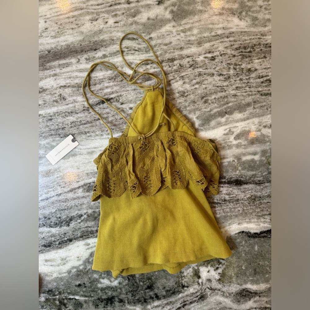 NWT Anthropologie Ruffled Halter Tank Khaki Green Size Small - Picture 6 of 7